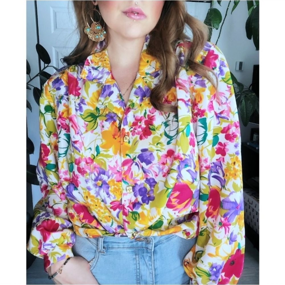 Vintage Bold Colorful Floral Blouse